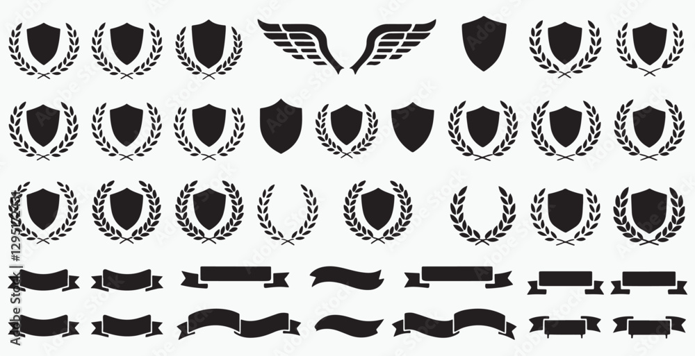 Fototapeta premium elegant laurel wreaths, shields, wings, and ribbon vector set. black-and-white vector pack of wreaths, shields, banners, and wings