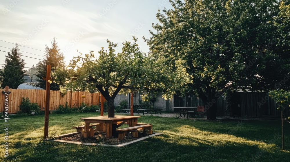 A newly relocated tree in a backyard, secured with wooden supports. A newly relocated tree in a backyard, secured with wooden supports.