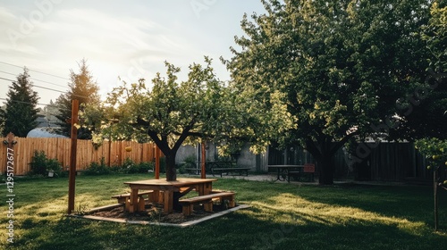 A newly relocated tree in a backyard, secured with wooden supports.