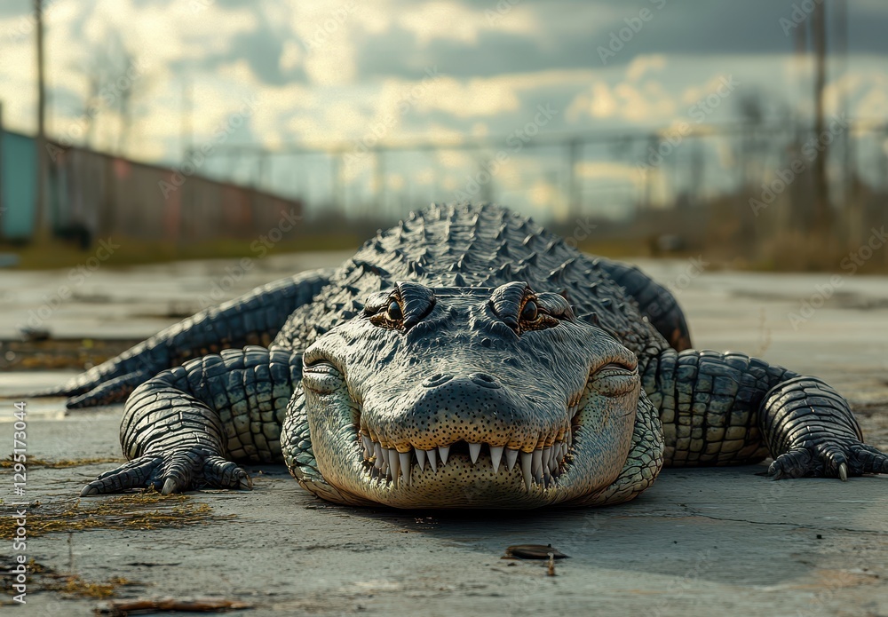 Fototapeta premium Large Alligator Sunbathing on a Cracked Concrete Surface Under Dramatic Cloudy Sky in an Abandoned Area