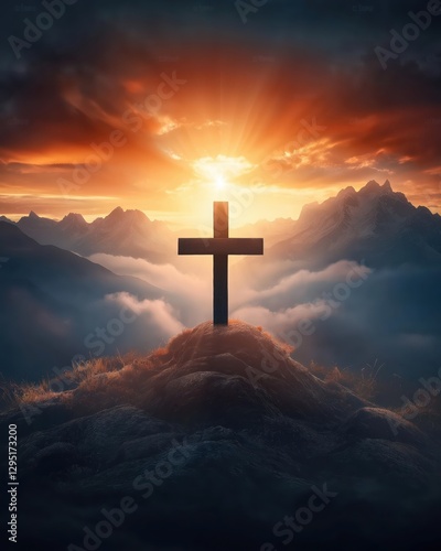 Gospel Music Inspiration Cross Silhouette on Mountaintop at Sunset, Faith Symbol