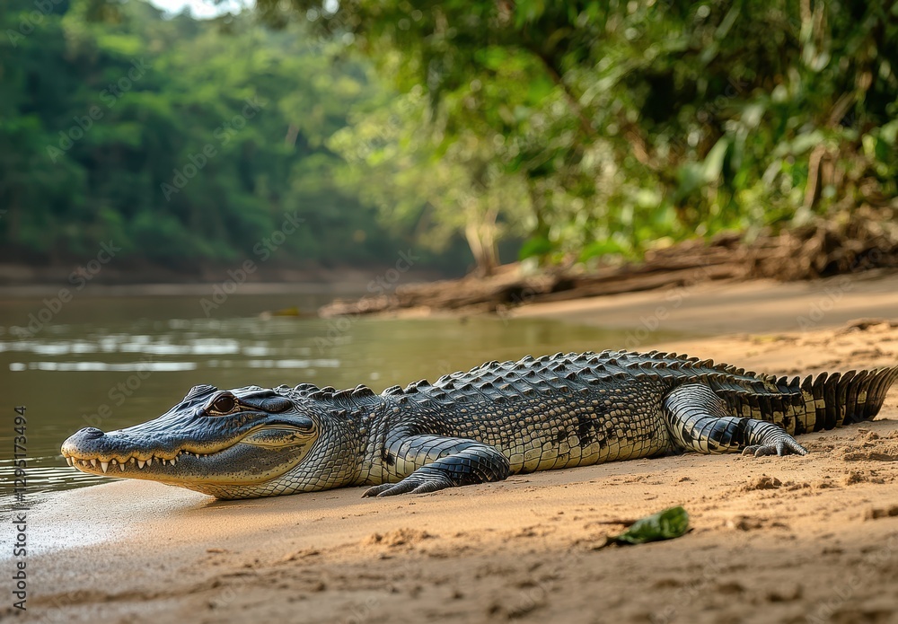 Fototapeta premium Large crocodile resting on sandy riverbank, surrounded by lush greenery and tranquil waters, basking in sunlight, showcasing its formidable presence in nature