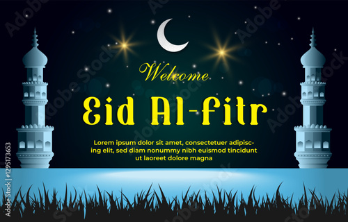 welcome eid al fitr template banner with beautiful islamic ornament with blue background design 19