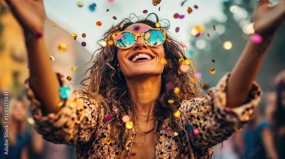 A stylish woman wearing sunglasses joyfully celebrates with colorful confetti falling around her, embodying a festive and carefree spirit. A stylish woman wearing sunglasses joyfully celebrates with colorful confetti falling around her, embodying a festive and carefree spirit.