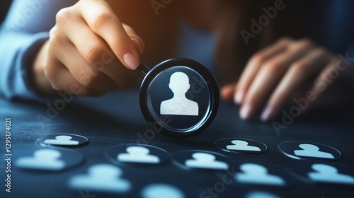 Woman's hand using magnifying glass to select a person icon among many on a dark surface