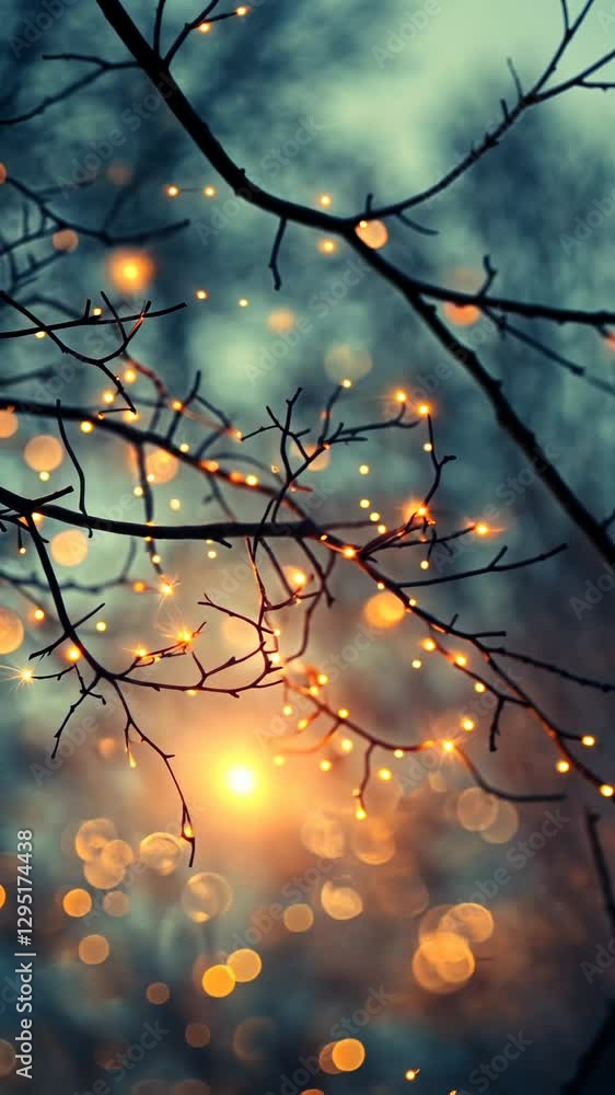 Winter fairy lights on branches, sunset bokeh background, holiday card Winter fairy lights on branches, sunset bokeh background, holiday card