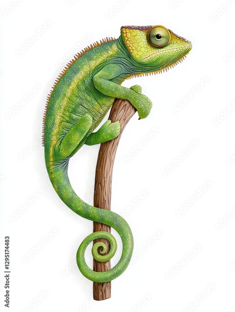 Obraz premium A vibrant chameleon perched on a branch, showcasing its striking green colors and unique features in a whimsical illustration.