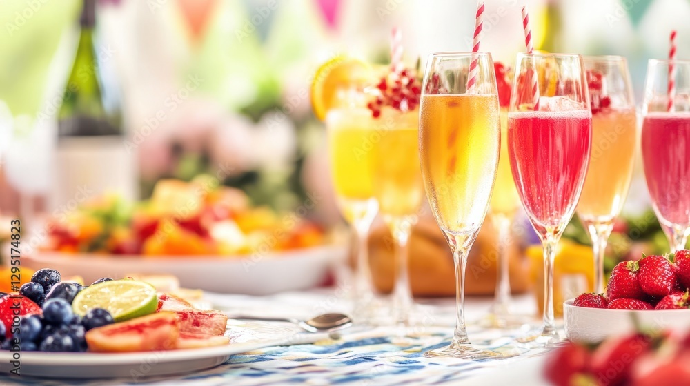 Naklejka premium A collection of champagne glasses rests on a table adorned with fresh fruit and assorted beverages, creating an elegant and inviting atmosphere.