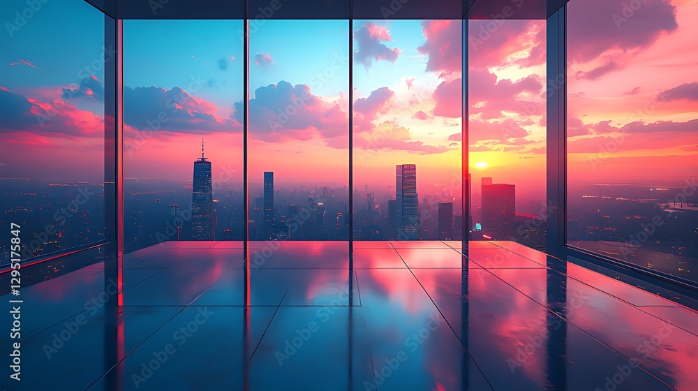 Fototapeta premium Empty office, city sunset view, skyscraper, pink sky, modern architecture, real estate, panoramic