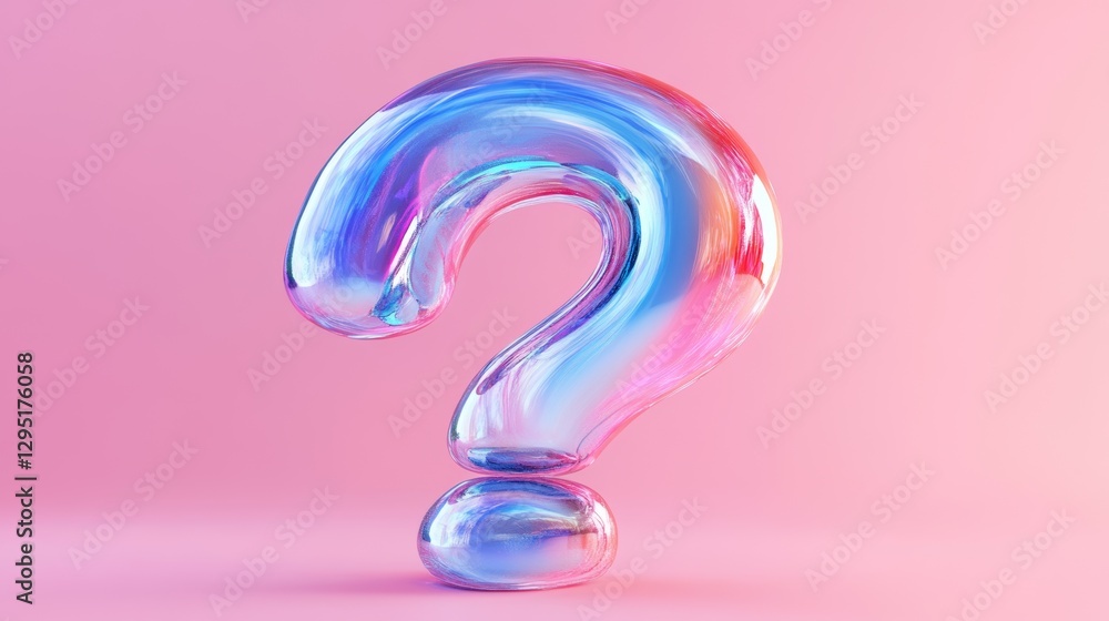 Iridescent question mark glows in vibrant blue and pink hues against a soft pastel backdrop Iridescent question mark glows in vibrant blue and pink hues against a soft pastel backdrop