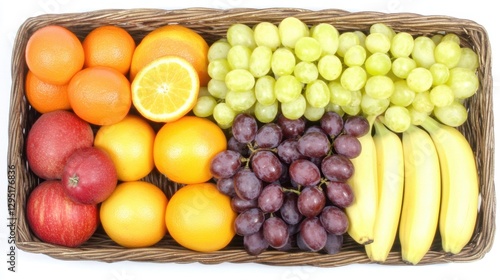 A variety of organic fruits such as apples, oranges, bananas, and grapes arranged in a rustic basket, top view