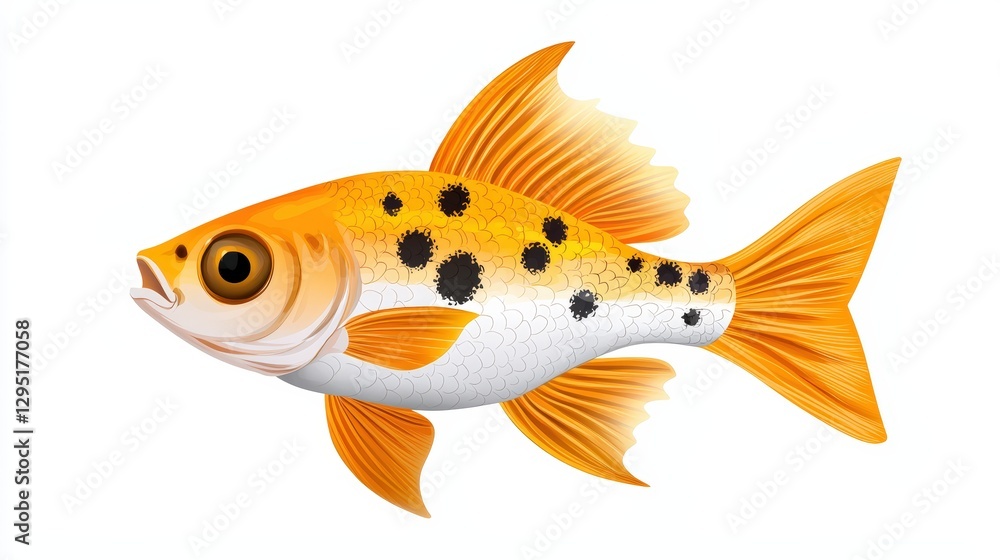 Naklejka premium A vibrant cartoon goldfish with striking orange and black spots, ideal for educational materials, illustrations, and decorations.