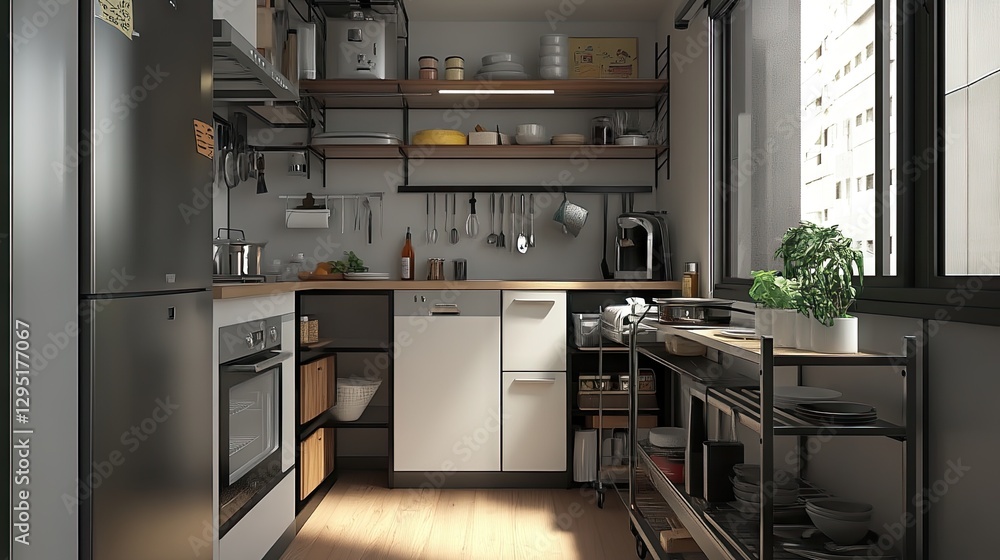 A small but organized kitchen with a trolley cart for extra storage. A small but organized kitchen with a trolley cart for extra storage.