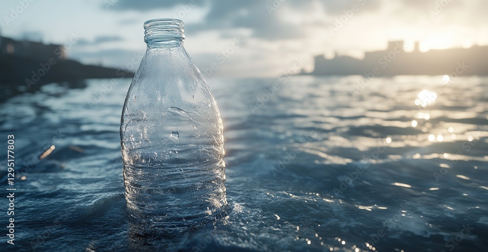 Clear Plastic Bottle Partially Submerged in Ocean Water at Sunset