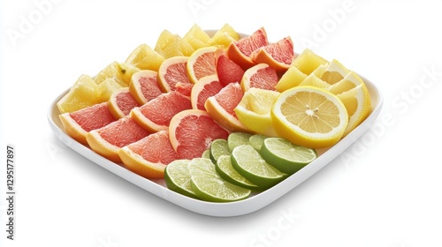 A vibrant mix of fruit slices including lemon, lime, and grapefruit arranged in a circular pattern on a white plate.