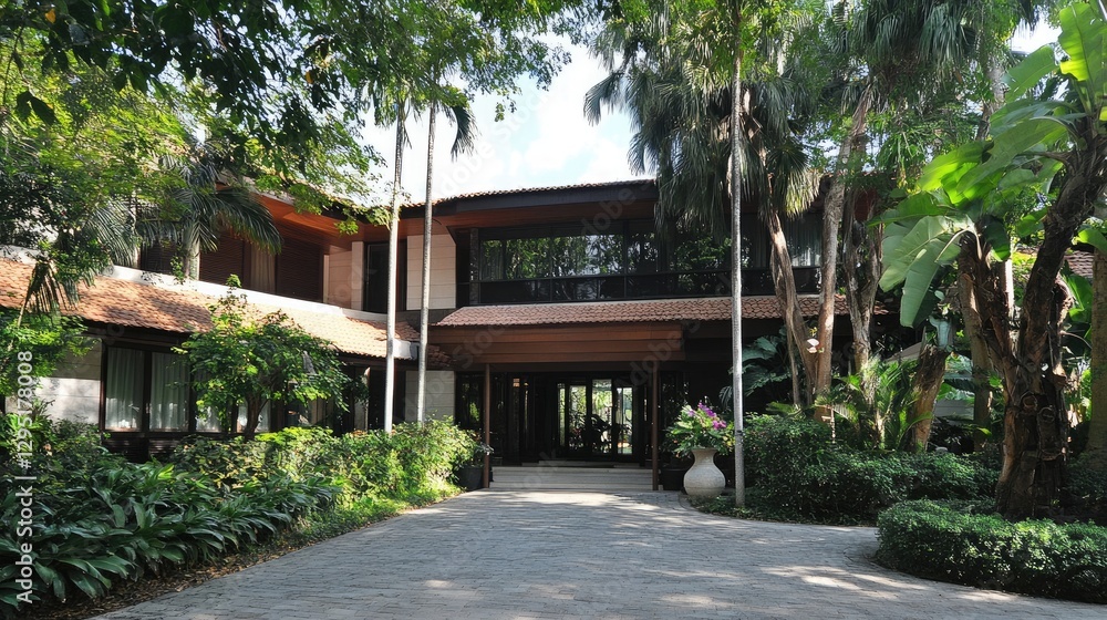 A spacious home with an elegant entrance flanked by mature trees. A spacious home with an elegant entrance flanked by mature trees.