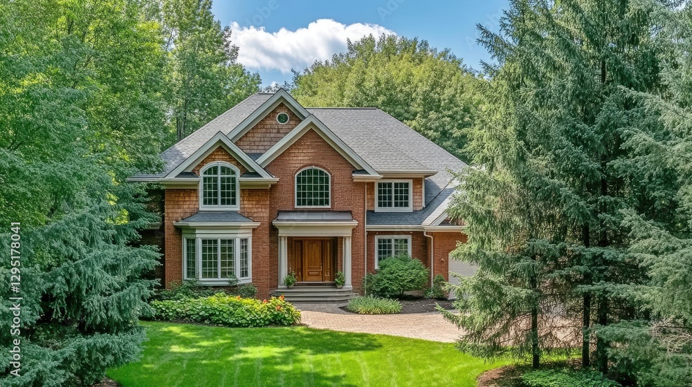 A spacious home with an elegant entrance flanked by mature trees. A spacious home with an elegant entrance flanked by mature trees.