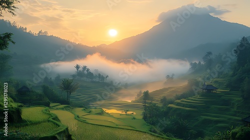 Wallpaper Mural Sunrise over misty rice terraces, mountain valley Torontodigital.ca