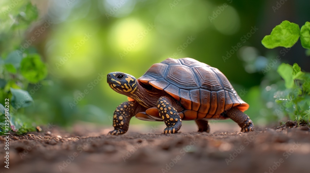A turtle walking on a dirt path surrounded by lush greenery in a serene outdoor setting A turtle walking on a dirt path surrounded by lush greenery in a serene outdoor setting