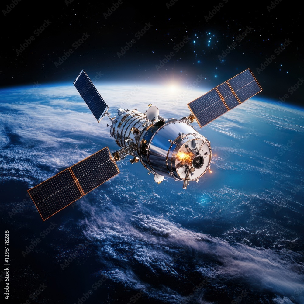 Fototapeta premium Studio shot of a satellite deployment from a spacecraft, isolated with soft lighting, creating a professional and versatile look, capturing the moment of release