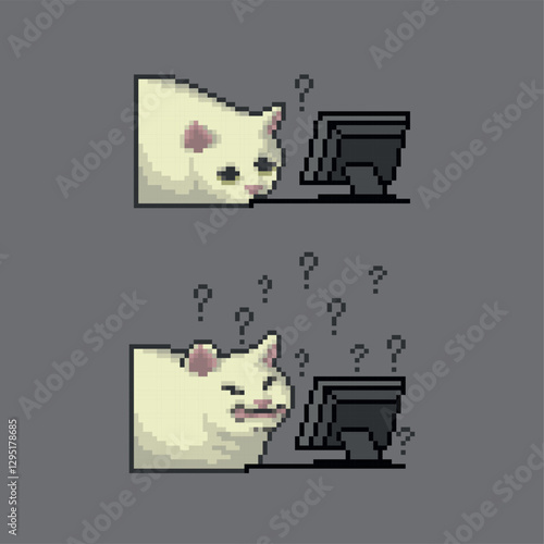 Cat confused by computer, pixel art meme