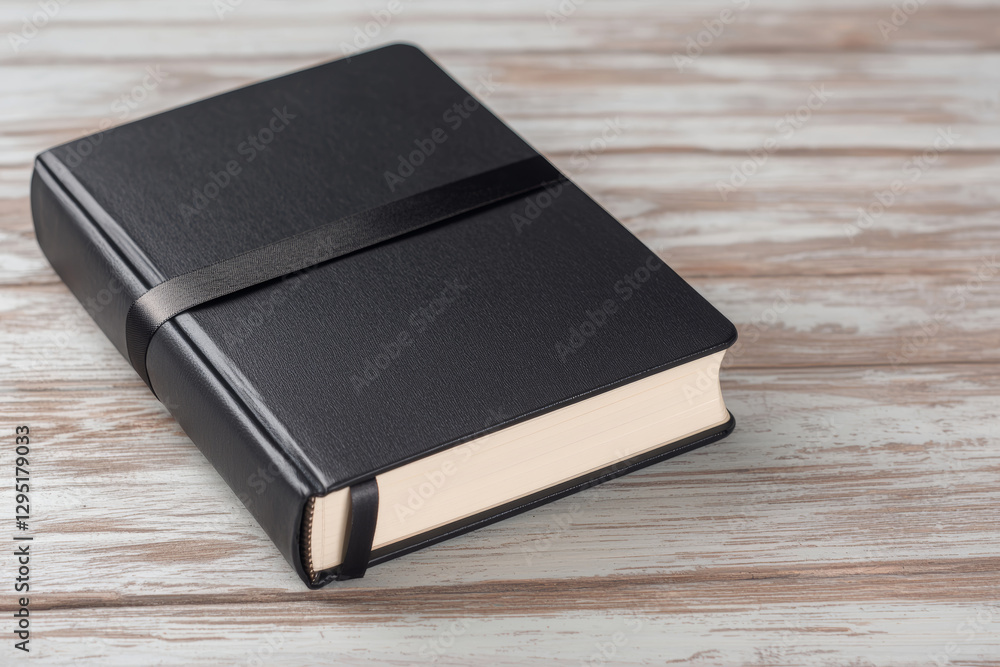 Closed journal with ribbon lies on wooden surface, ready for daily plans Closed journal with ribbon lies on wooden surface, ready for daily plans