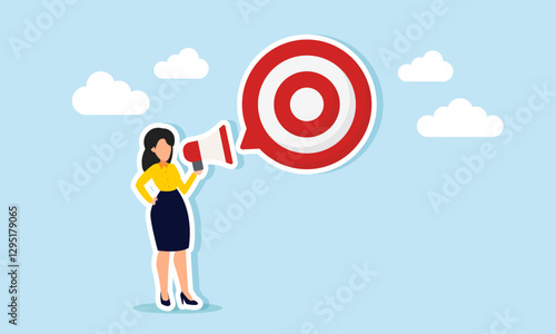 A businesswoman speaks using a megaphone, creating a dialogue in the shape of a target board, illustration of business target promotion and education for the team