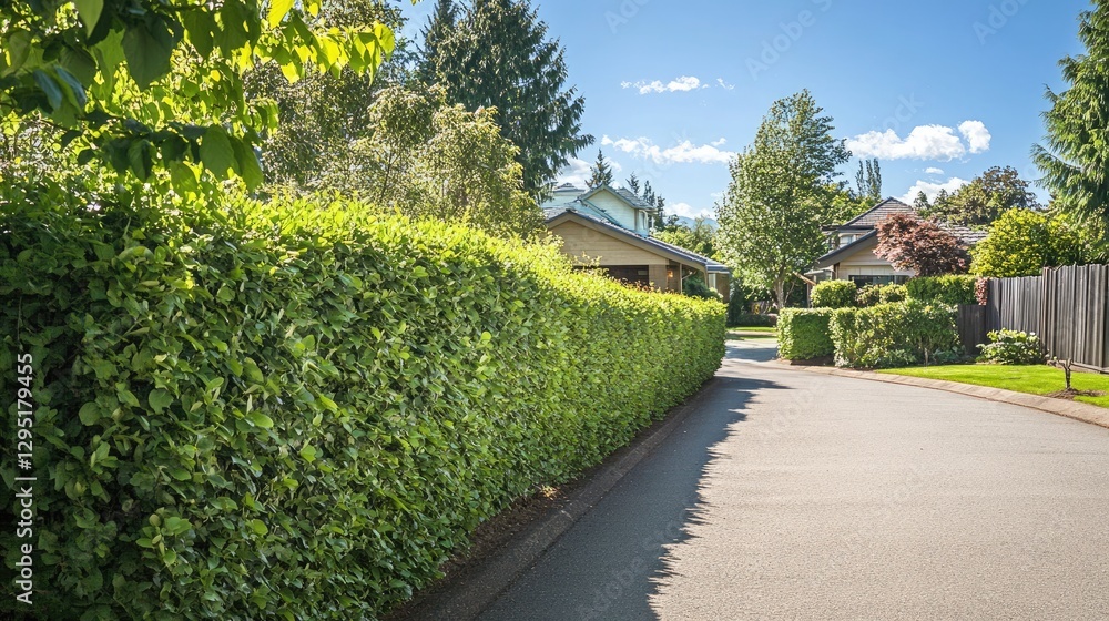 Fototapeta premium A thick natural hedge bordering a property in a suburban neighborhood.