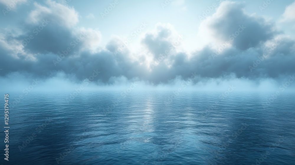 Obraz premium misty morning mist blankets the calm ocean under a cloudy sky background catoon