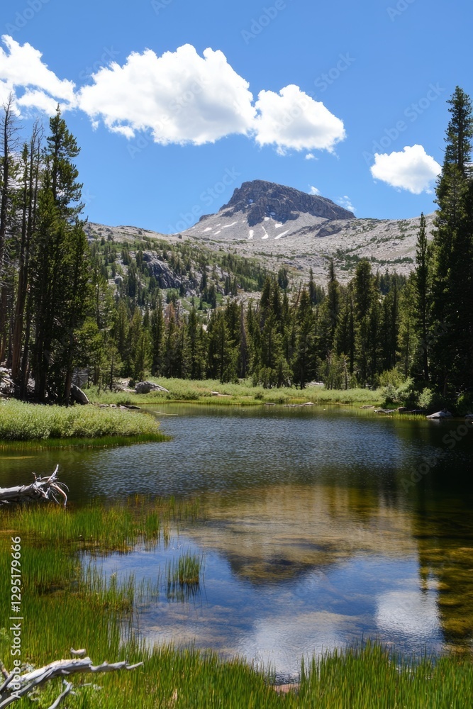 Serene lake surrounded by tall trees and mountains under a blue sky with fluffy clouds in a tranquil forest setting Serene lake surrounded by tall trees and mountains under a blue sky with fluffy clouds in a tranquil forest setting