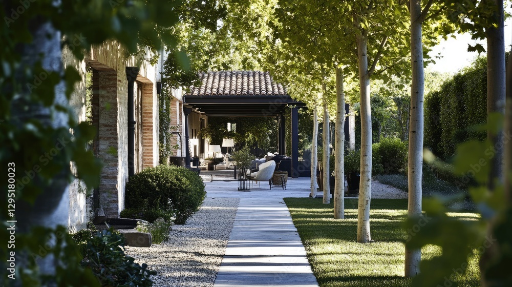 A tree-lined walkway in a backyard, creating a cozy and shaded space. A tree-lined walkway in a backyard, creating a cozy and shaded space.