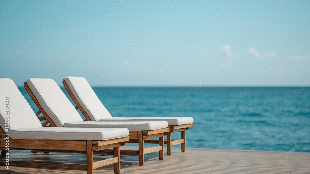 Empty lounge chairs on cruise deck offer an inviting ocean view at sunset Empty lounge chairs on cruise deck offer an inviting ocean view at sunset