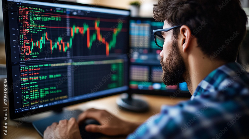 Fototapeta premium Passionate trader analyzing market trends in a cozy workspace while immersed in data and charts during a productive afternoon session
