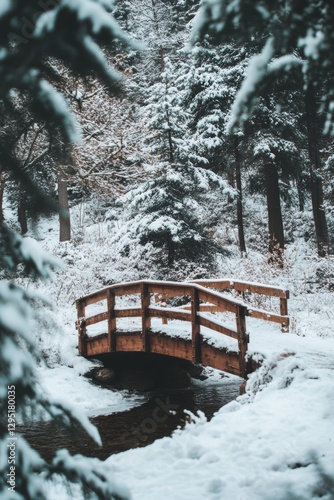 Wallpaper Mural Snow-covered bridge over a serene lake surrounded by a lush forest in winter Torontodigital.ca