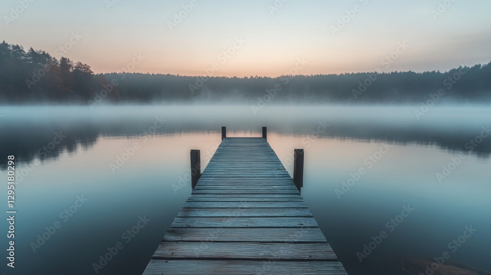 Naklejka premium A serene lake at sunrise. a wooden dock