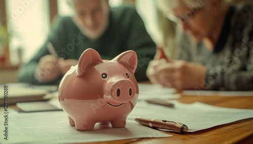 Senior Couple Planning Retirement Savings with Piggy Bank and Documents