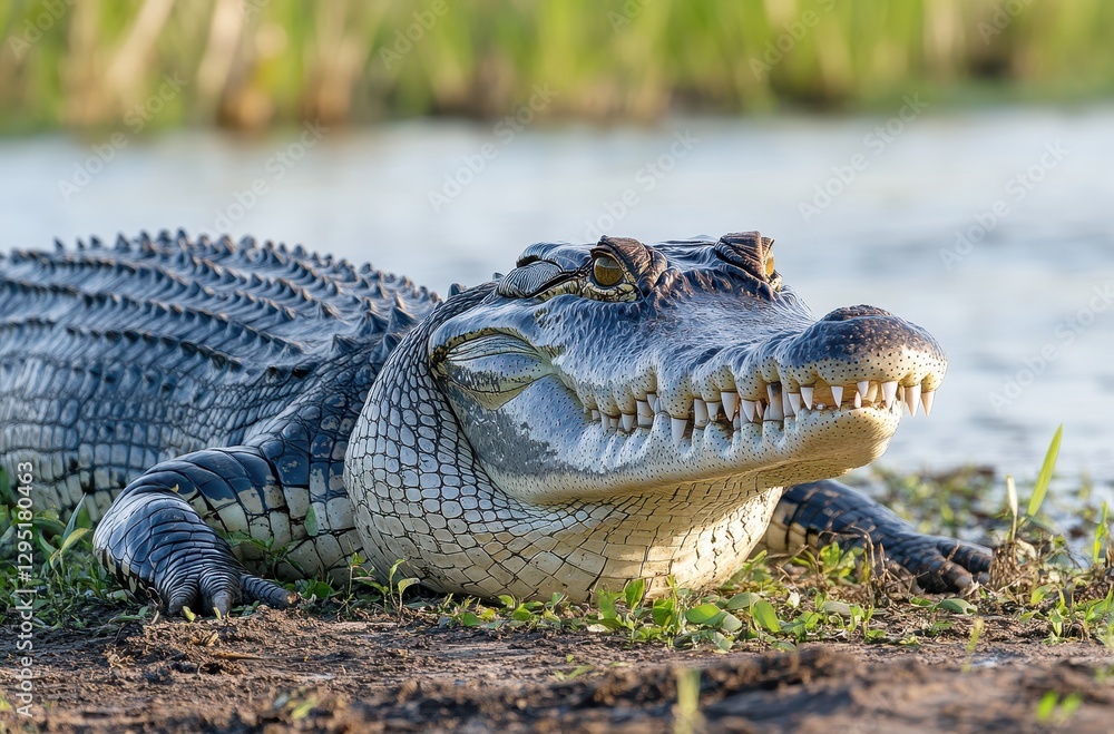 Fototapeta premium Majestic Close-Up of an Alligator Sunbathing by a Calm Water Body Surrounded by Lush Greenery in Natural Habitat