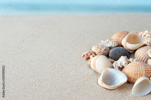 Arrangement of shells and coral fragments, dreaming of beach and summer