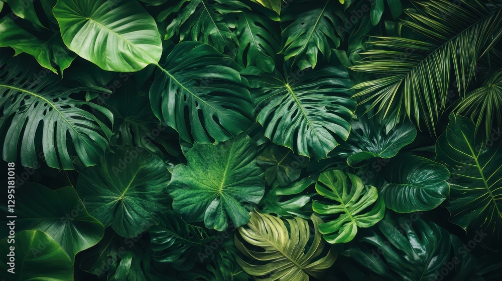 Lush Green Tropical Foliage with Diverse Leaf Patterns and Textures in a Vibrant Natural Background Lush Green Tropical Foliage with Diverse Leaf Patterns and Textures in a Vibrant Natural Background