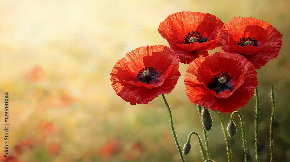 Naklejka premium Vivid red poppies sway gently in the warm sunlight, creating a breathtaking natural display in a vibrant meadow