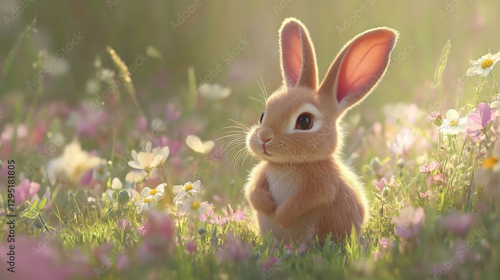 A fluffy brown rabbit standing amidst a field of flowers bathed in golden light A fluffy brown rabbit standing amidst a field of flowers bathed in golden light