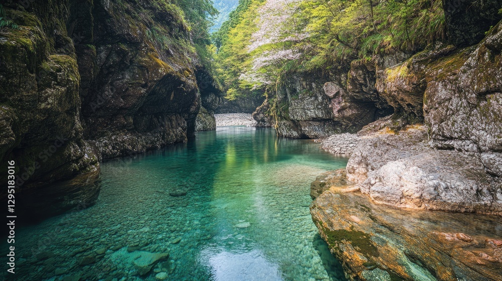 Naklejka premium The crystal clear water flows between canyon rock walls