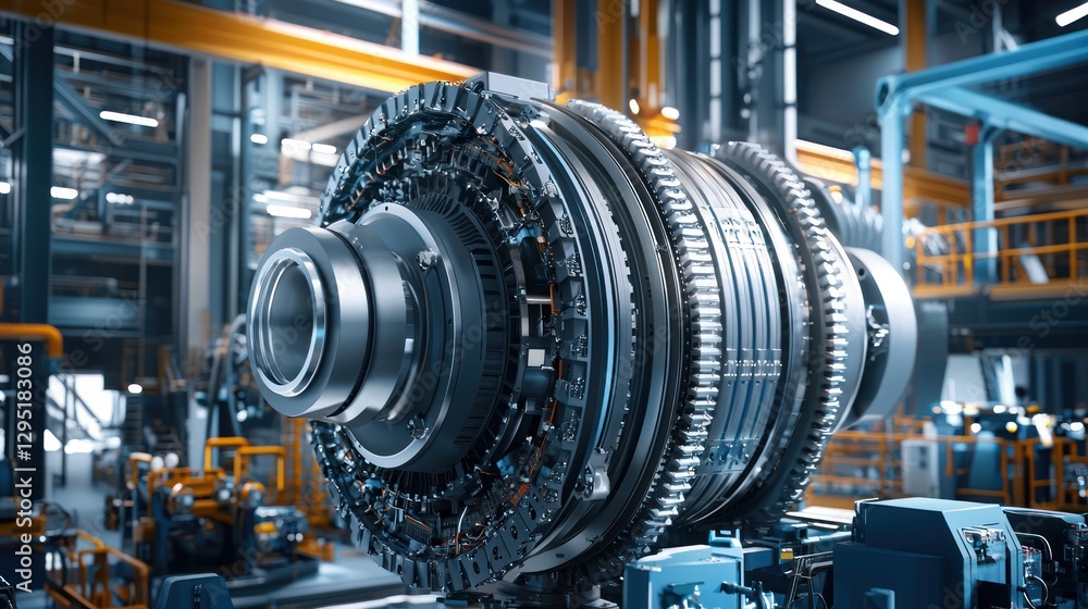 Industrial Gas Turbine Engine Close-Up in Modern Manufacturing Facility Industrial Gas Turbine Engine Close-Up in Modern Manufacturing Facility