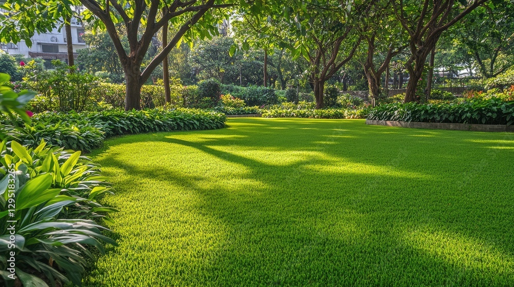 Fototapeta premium A well-manicured lawn with a prominent shade tree in the center.