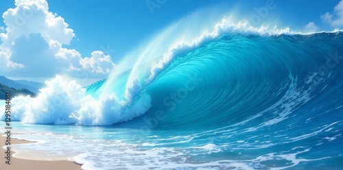 Fototapeta Naklejka Na Ścianę i Meble -  Vibrant anime style blue water wave crashing on shore, illustration, aquatic