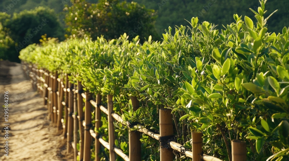 Namjai krai shrubs growing in perfect alignment along a wooden fence. Namjai krai shrubs growing in perfect alignment along a wooden fence.