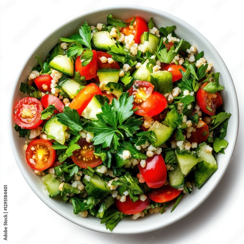 High-resolution image of a bowl of tabbouleh salad against a white backdrop, perfect for e-commerce, catalogs, and promotional content, featuring fresh parsley, bulgur, and diced tomatoes High-resolution image of a bowl of tabbouleh salad against a white backdrop, perfect for e-commerce, catalogs, and promotional content, featuring fresh parsley, bulgur, and diced tomatoes