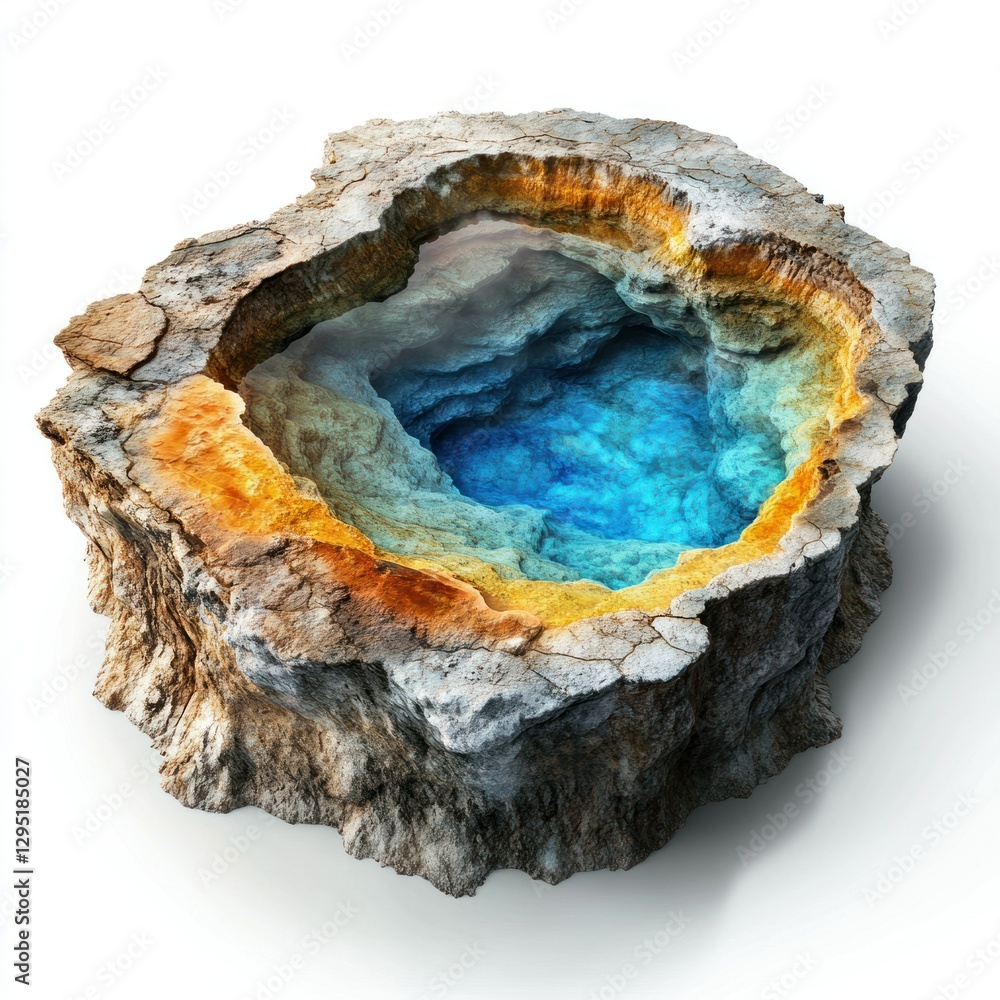 Fototapeta premium High-resolution image of a geothermal hot spring surrounded by colorful mineral deposits against a white backdrop, perfect for e-commerce, catalogs,