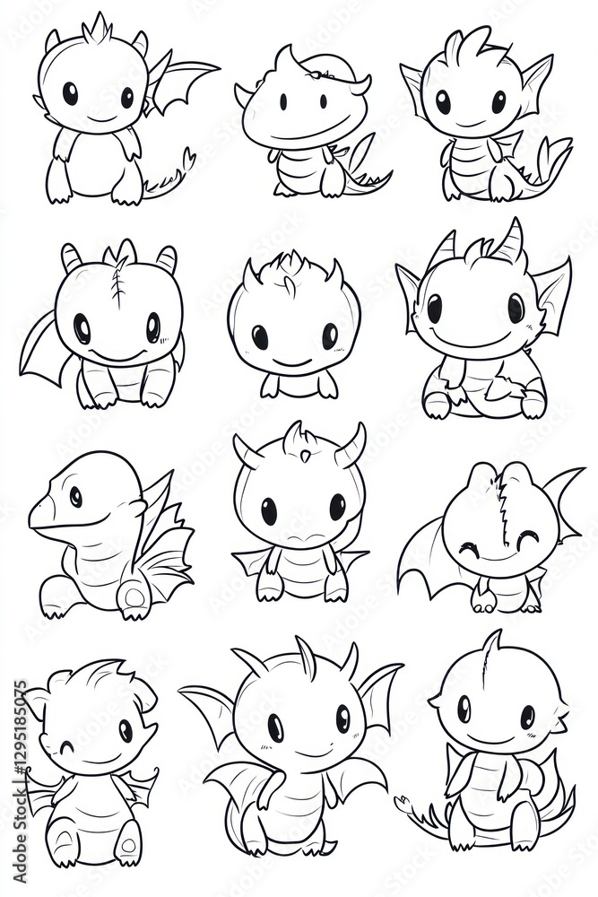 Obraz premium Cute baby dragons coloring page; fantasy creatures; children's activity book