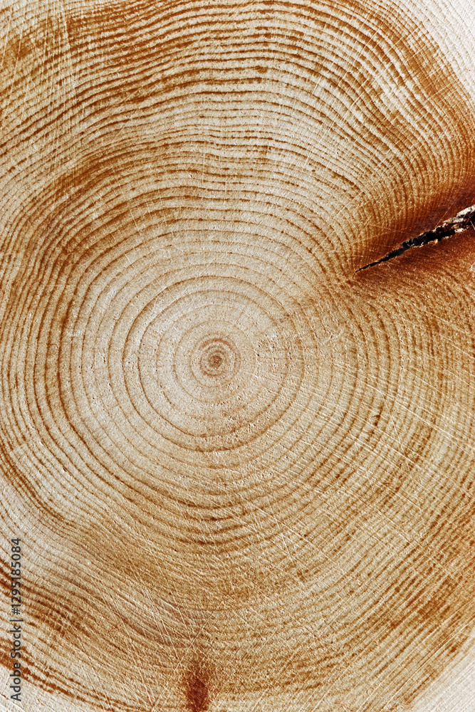 Naklejka premium Slice of wood timber of juniper tree rings and knots natural graphic pattern, abstract nature background. Natural wooden organic textures and shapes, monochrome brown beige gradient color, vertical